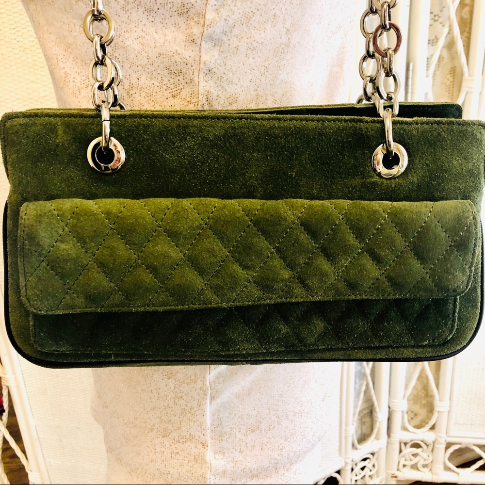 TALBOTS Bag Green Quilted Suede with Leather Straps Satchel